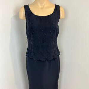Adrianna Papell Women Size 8 Navy Blue 100% Silk Formal Dress Beaded Embellished